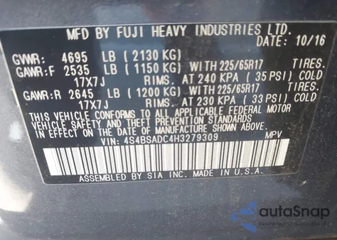 2017 Subaru Outback 2.5I Premium z USA, uszkodzony, nr VIN 4S4BSADC4H3279309